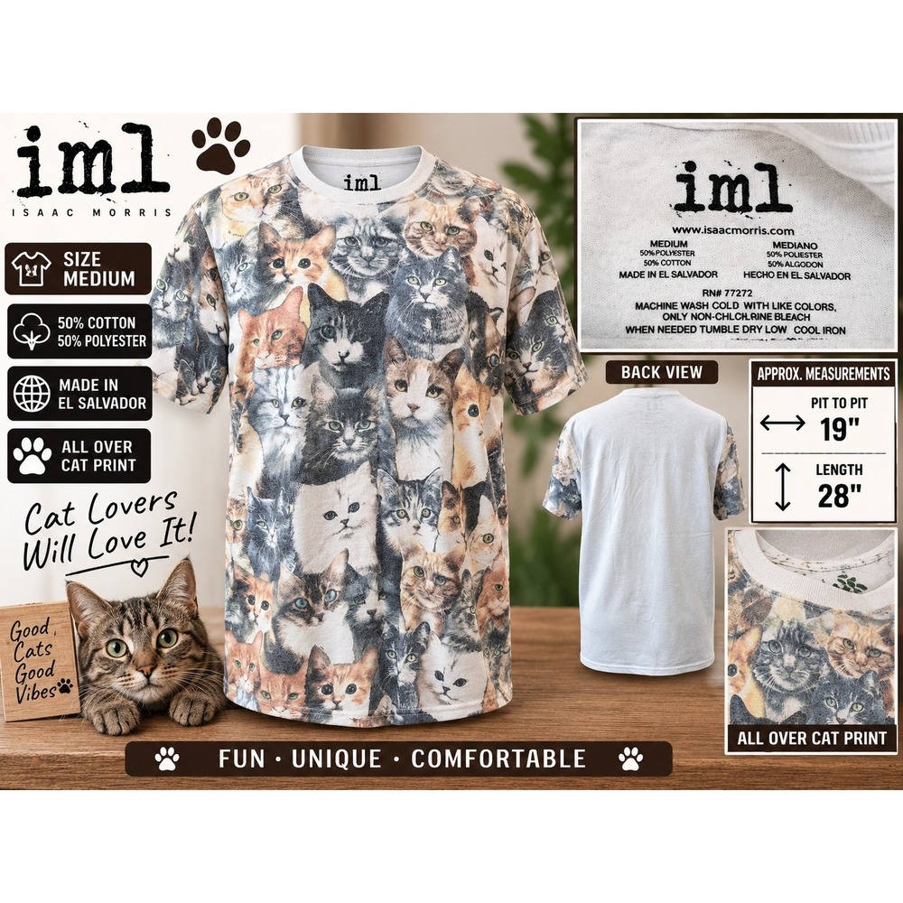 Isaac Morris IML All Over Cat Print Graphic T-Shirt Mens Medium White Multi